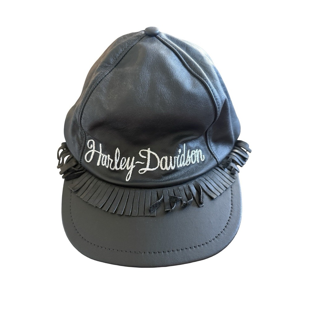Harley- Davidson one size womens black embroidered leather fringe adjustable hat